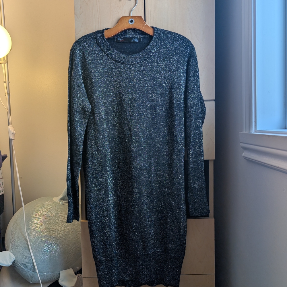 Simon Chang Shimmering Black Long Sleeve Dress